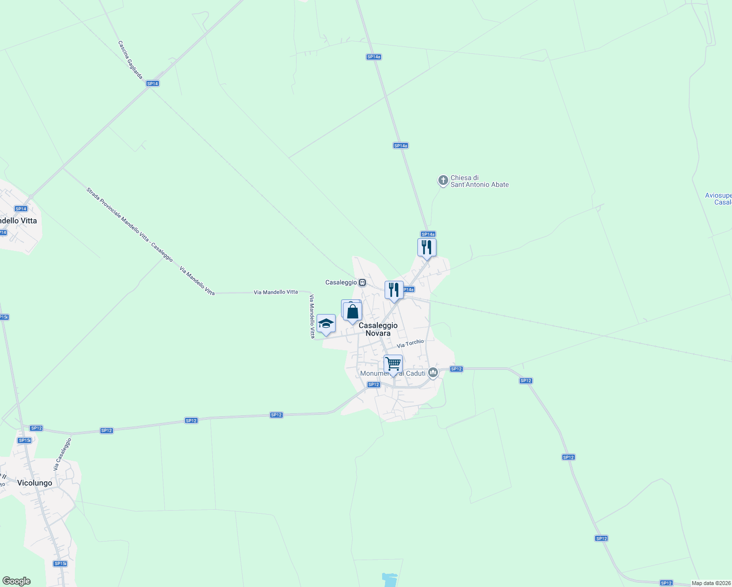 map of restaurants, bars, coffee shops, grocery stores, and more near 12 Viale Roma in Casaleggio Novara