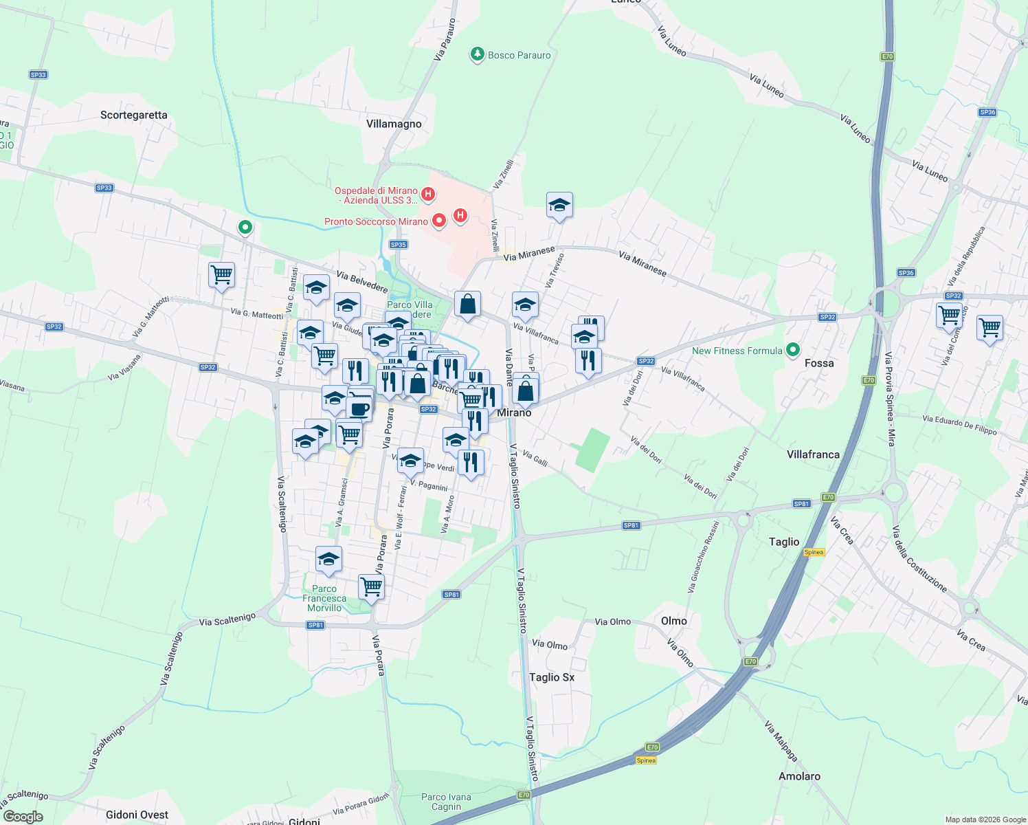 map of restaurants, bars, coffee shops, grocery stores, and more near in Mirano