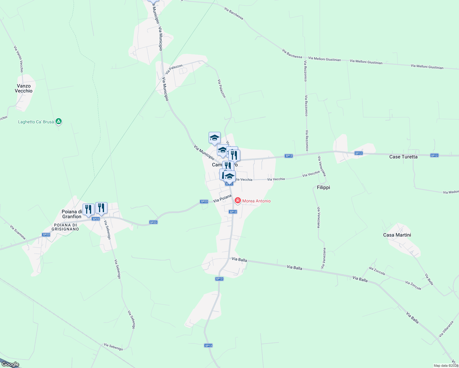 map of restaurants, bars, coffee shops, grocery stores, and more near in Campodoro