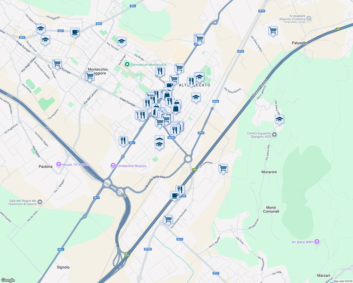 map of restaurants, bars, coffee shops, grocery stores, and more near 91 Via Enrico Fermi in Montecchio Maggiore-Alte Ceccato