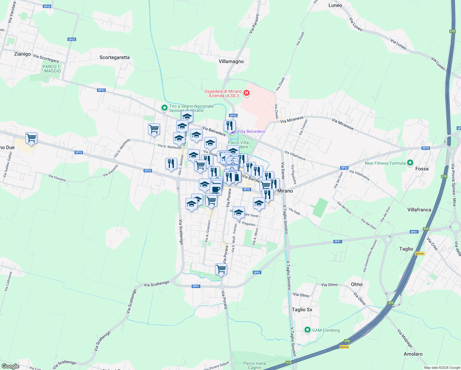 map of restaurants, bars, coffee shops, grocery stores, and more near Viale Rimembranze in Mirano