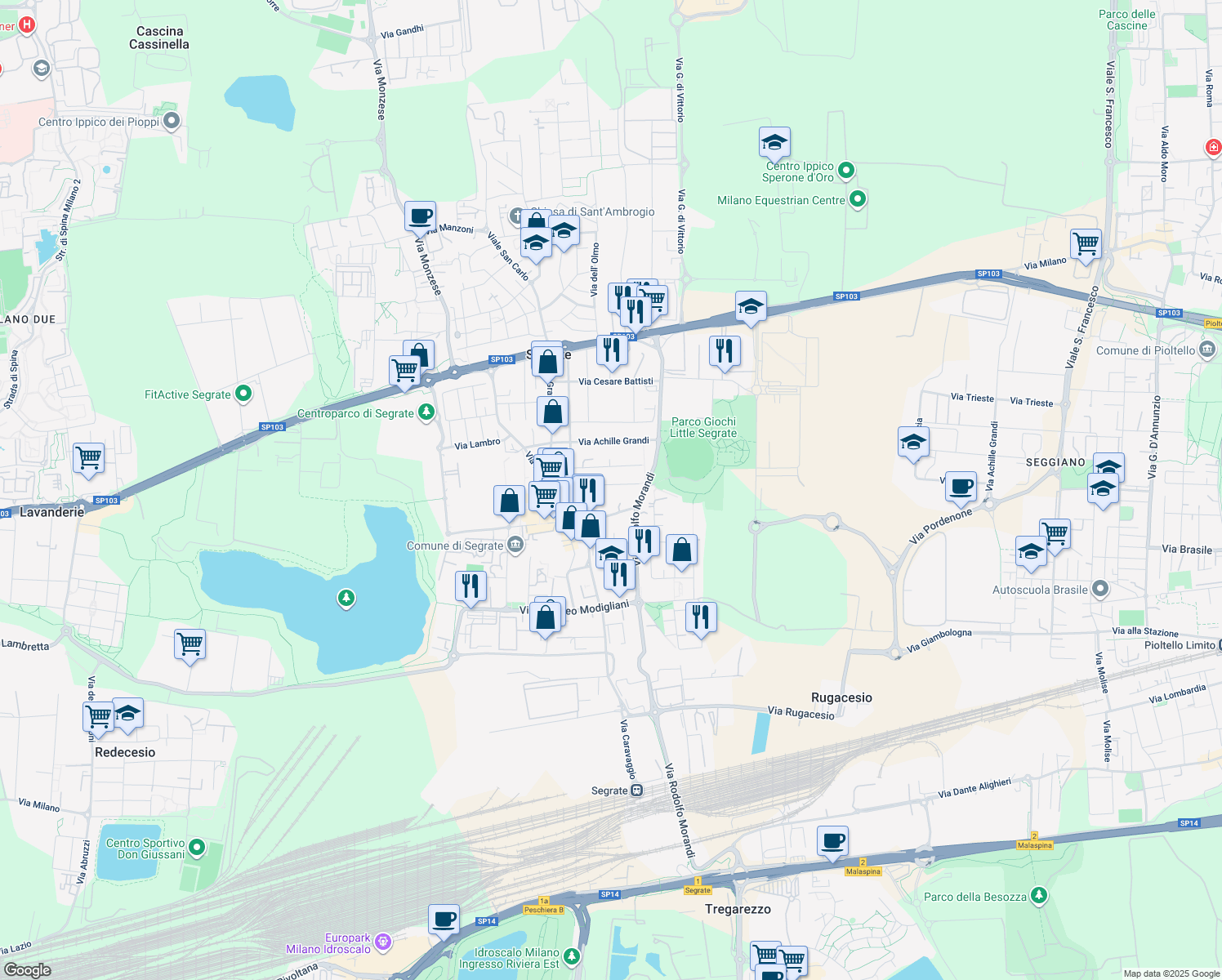map of restaurants, bars, coffee shops, grocery stores, and more near 22-24 Via Giuseppe Mazzini in Segrate