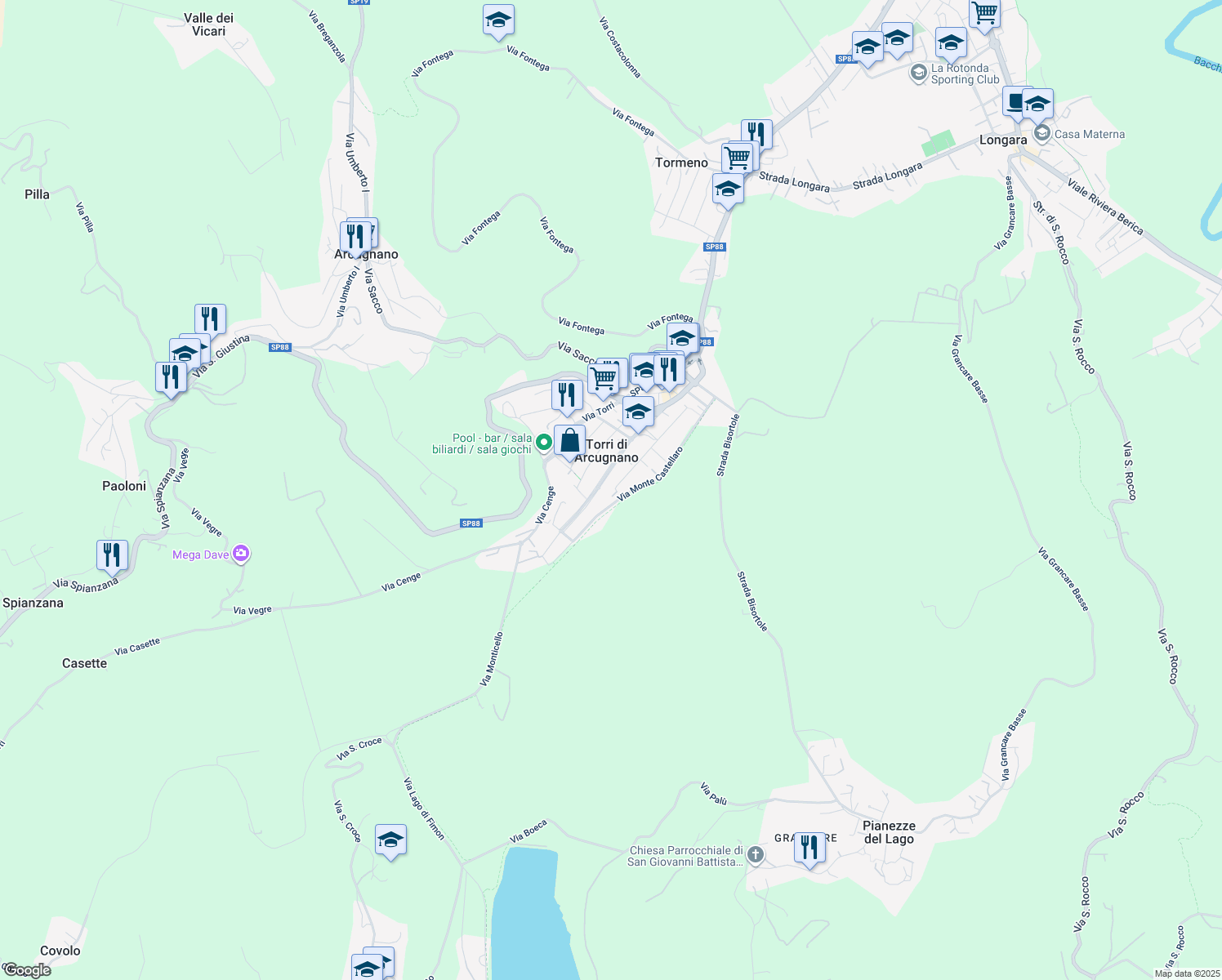 map of restaurants, bars, coffee shops, grocery stores, and more near 213 Via Monte Zattolo in Torri di Arcugnano