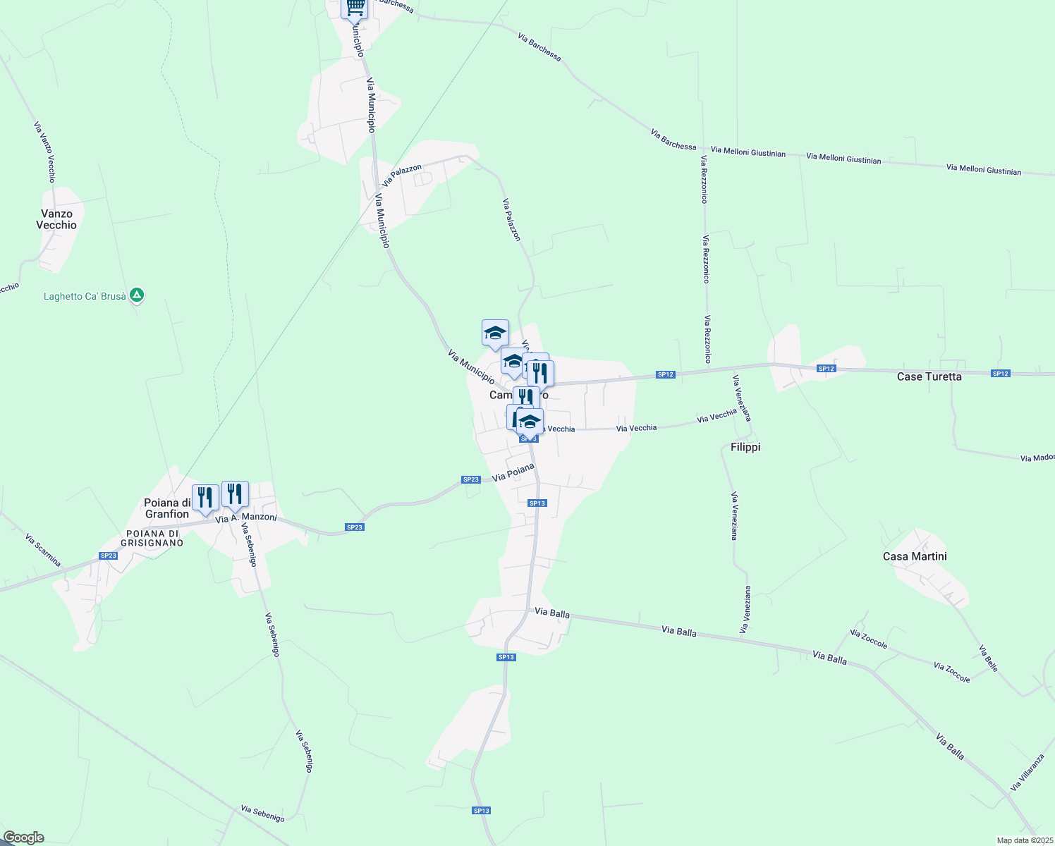 map of restaurants, bars, coffee shops, grocery stores, and more near 19 Via Roma in Campodoro