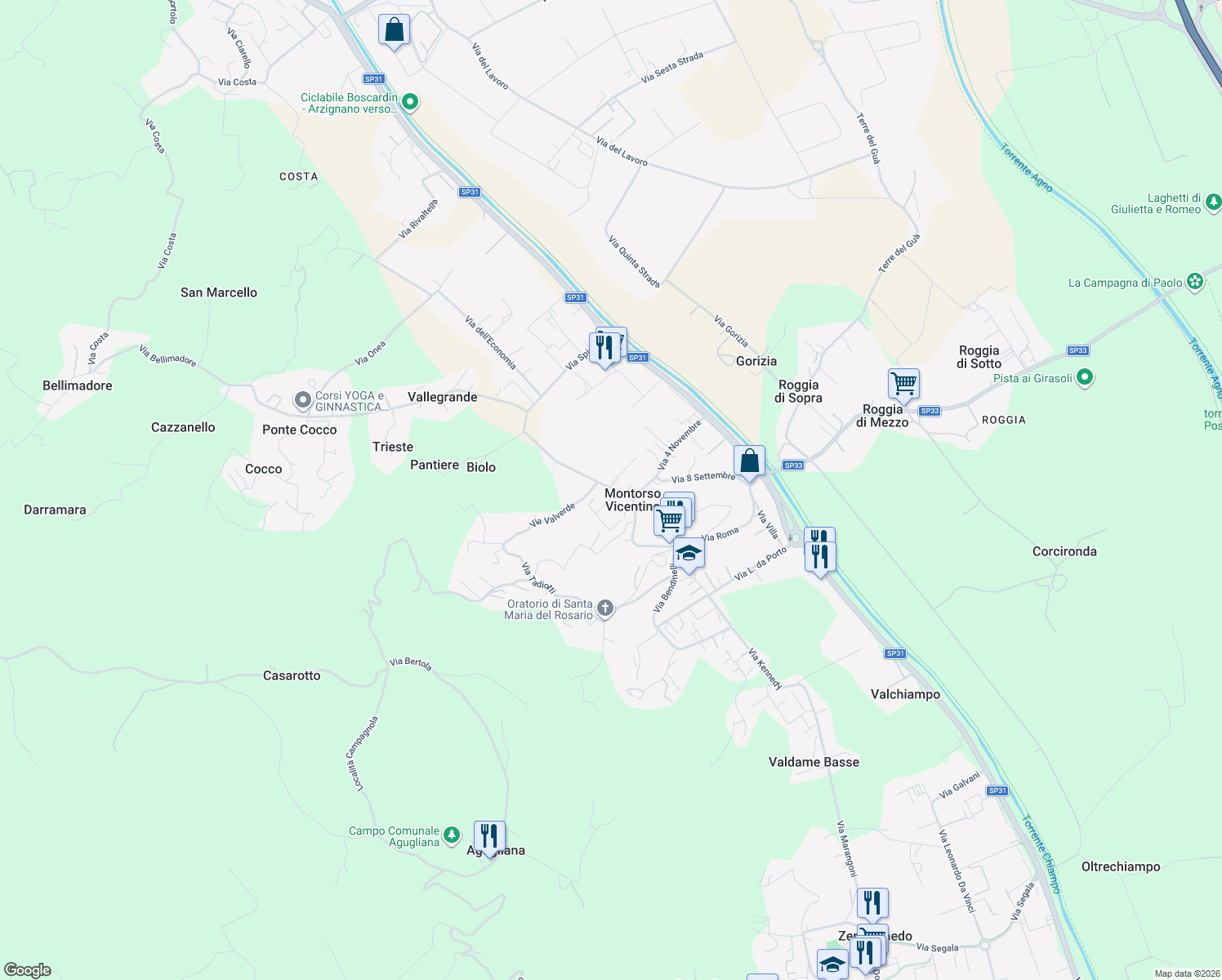 map of restaurants, bars, coffee shops, grocery stores, and more near 31 Via Giacomo Zanella in Arzignano