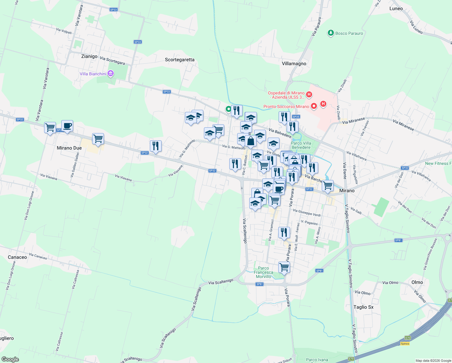 map of restaurants, bars, coffee shops, grocery stores, and more near 14 Via del Carnio in Mirano