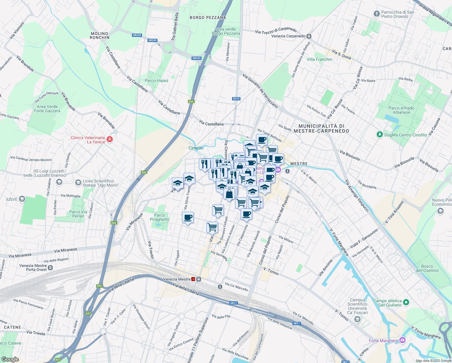 map of restaurants, bars, coffee shops, grocery stores, and more near 5 Via Circonvallazione in Venezia