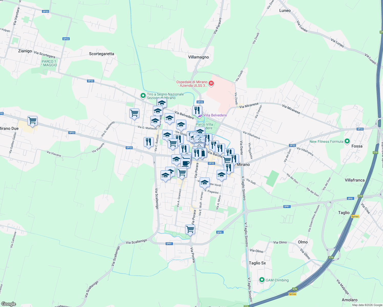 map of restaurants, bars, coffee shops, grocery stores, and more near Viale delle Rimembranze in Mirano