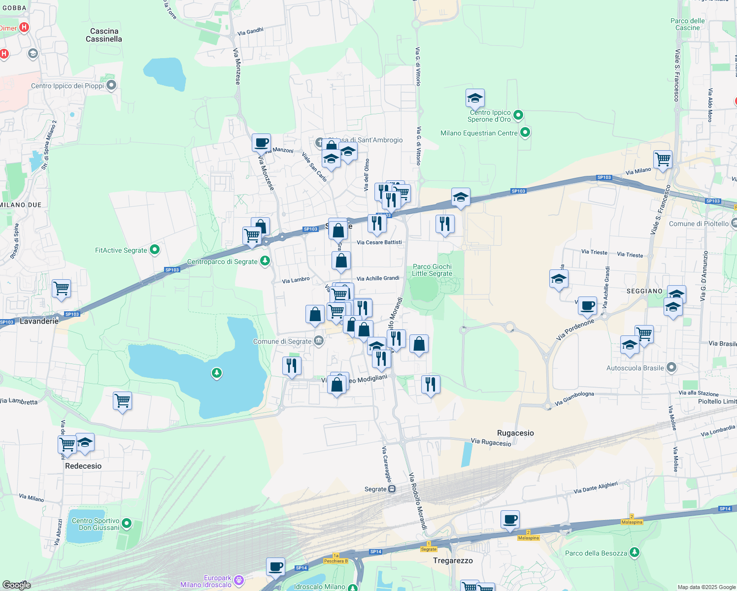 map of restaurants, bars, coffee shops, grocery stores, and more near 22 Via Giuseppe Mazzini in Segrate
