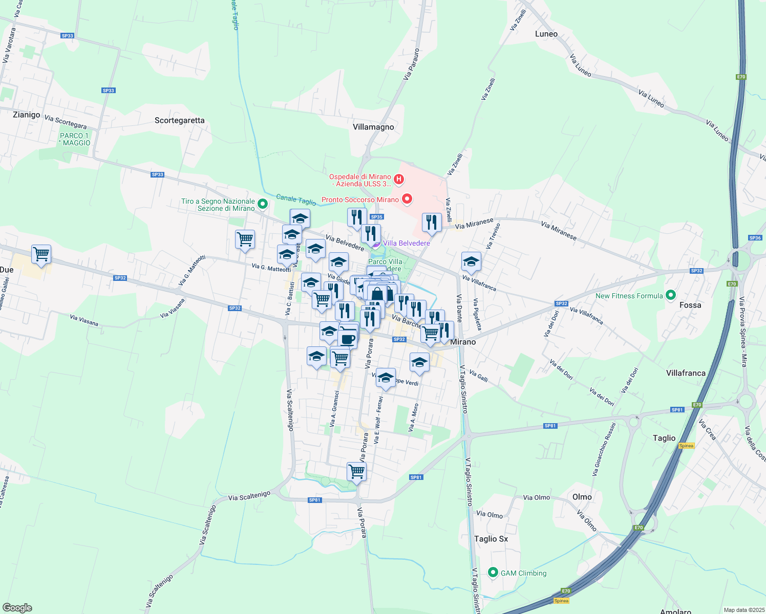map of restaurants, bars, coffee shops, grocery stores, and more near 1 Piazza Martiri della Libertà in Mirano