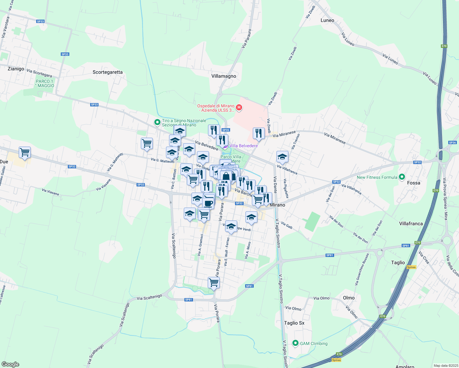 map of restaurants, bars, coffee shops, grocery stores, and more near 1 Piazza Martiri della Libertà in Mirano
