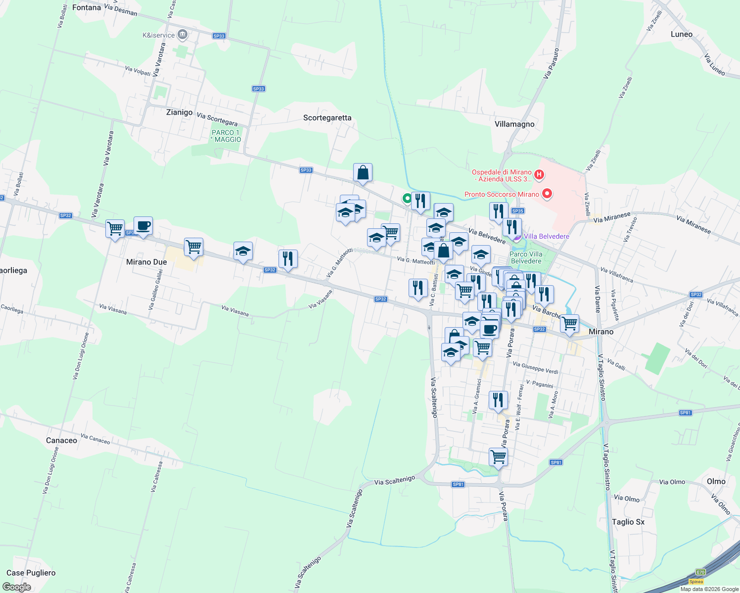 map of restaurants, bars, coffee shops, grocery stores, and more near 113 Via Cavin di Sala in Mirano