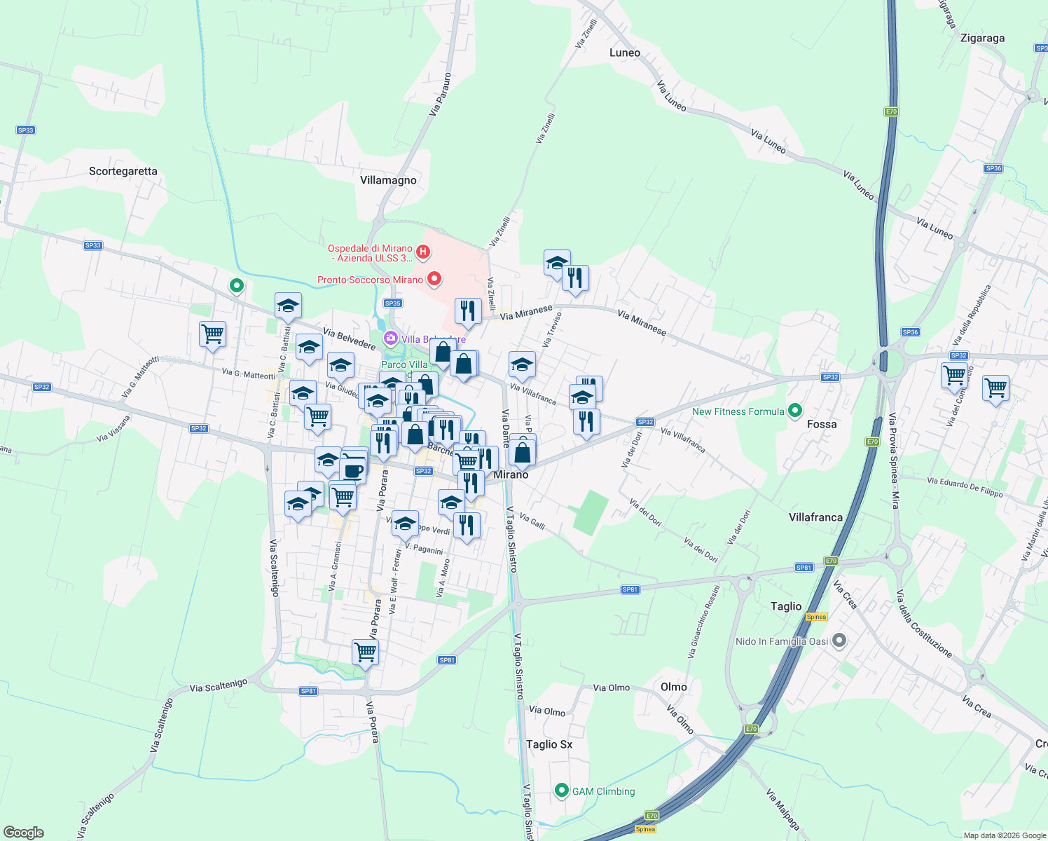 map of restaurants, bars, coffee shops, grocery stores, and more near 72 Via G. B. Belzoni in Mirano