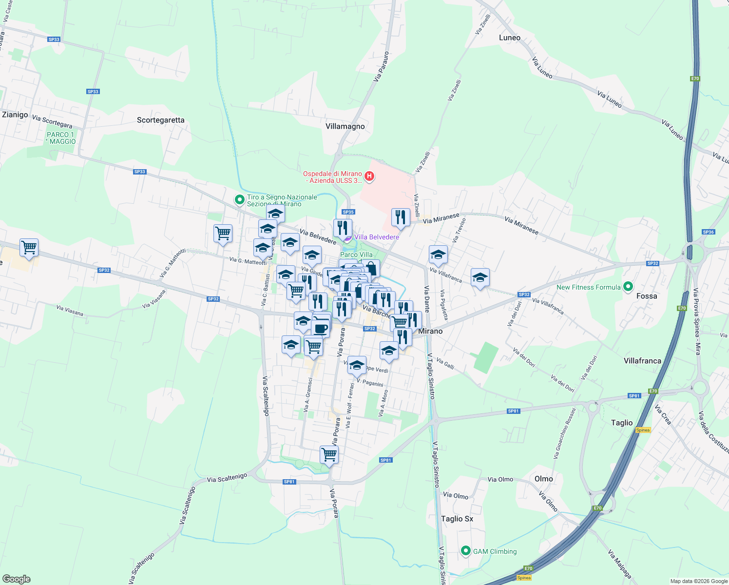 map of restaurants, bars, coffee shops, grocery stores, and more near 16 Via Bastia Fuori in Mirano
