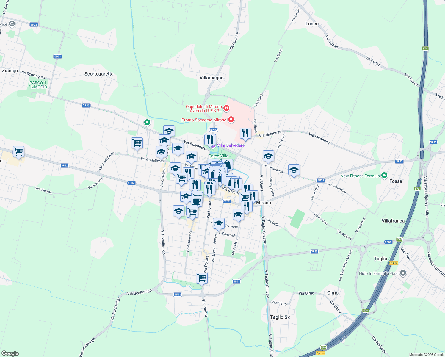 map of restaurants, bars, coffee shops, grocery stores, and more near 16 Via Bastia Fuori in Mirano