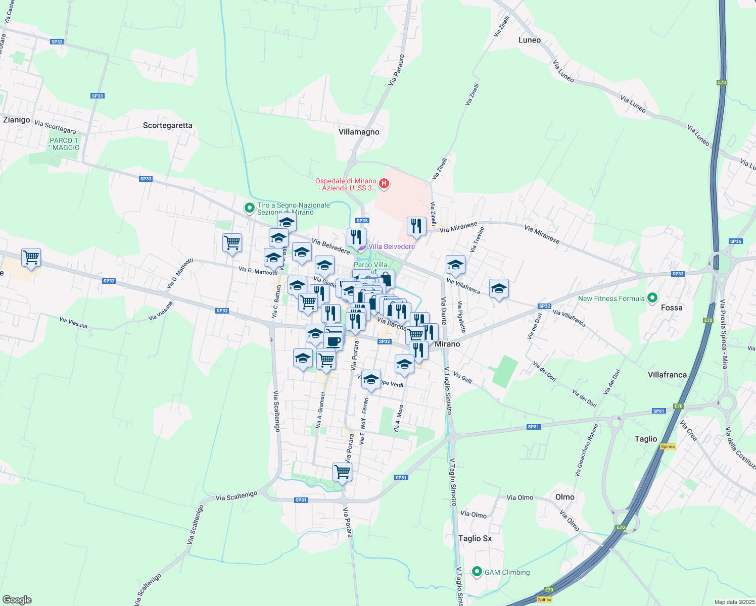 map of restaurants, bars, coffee shops, grocery stores, and more near 16 Via Bastia Fuori in Mirano