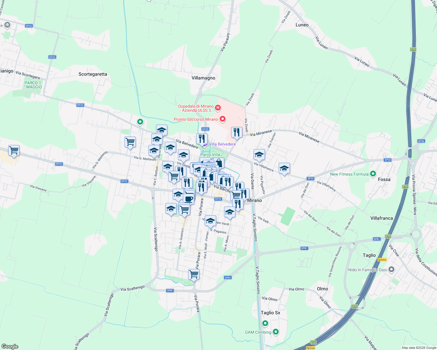 map of restaurants, bars, coffee shops, grocery stores, and more near 16 Via Bastia Fuori in Mirano