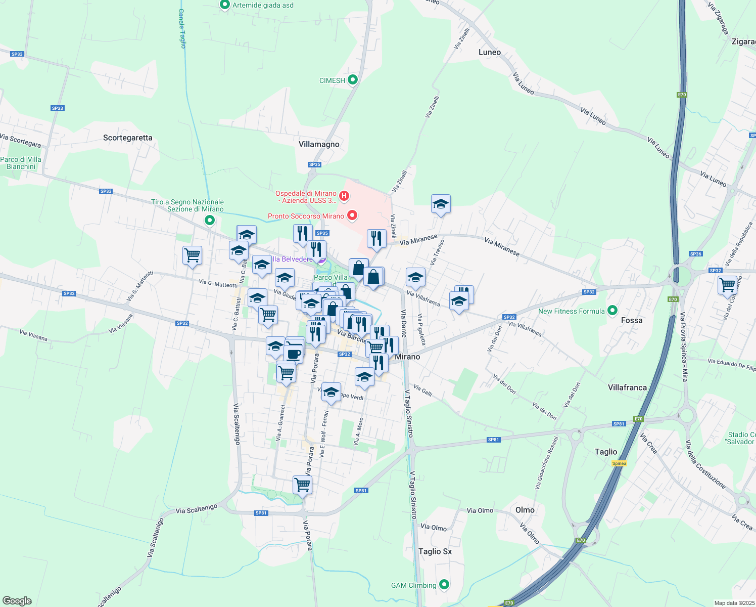 map of restaurants, bars, coffee shops, grocery stores, and more near 31 Via Cristoforo Colombo in Mirano