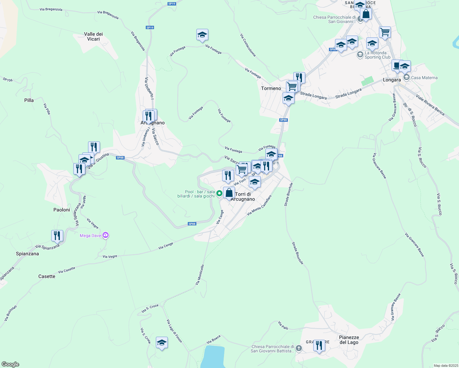 map of restaurants, bars, coffee shops, grocery stores, and more near 24 Via dell'Artigianato in Torri di Arcugnano