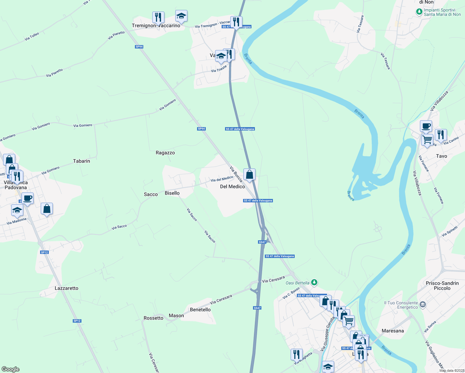 map of restaurants, bars, coffee shops, grocery stores, and more near 15 Via del Medico in Del Medico