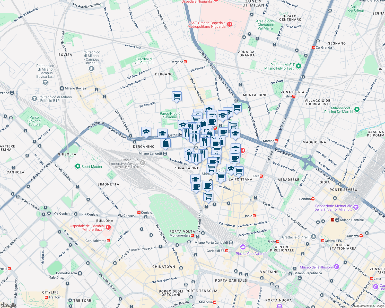 map of restaurants, bars, coffee shops, grocery stores, and more near 12 Via Bernina in Milano