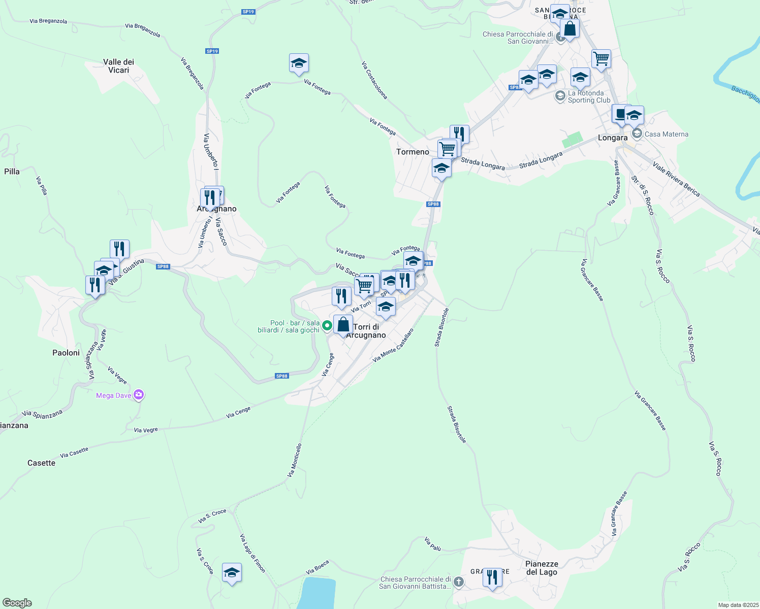 map of restaurants, bars, coffee shops, grocery stores, and more near 22 Via Monte Lungo in Torri di Arcugnano