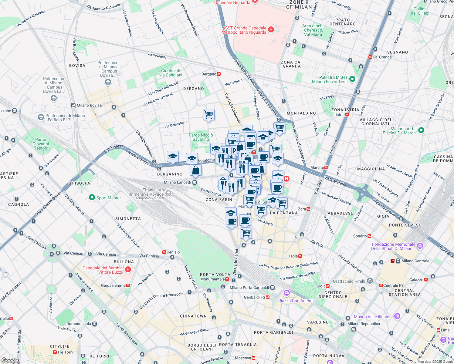 map of restaurants, bars, coffee shops, grocery stores, and more near 12 Via Bernina in Milano
