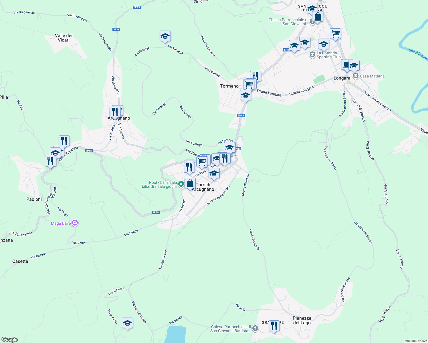 map of restaurants, bars, coffee shops, grocery stores, and more near 22 Via Monte Lungo in Torri di Arcugnano