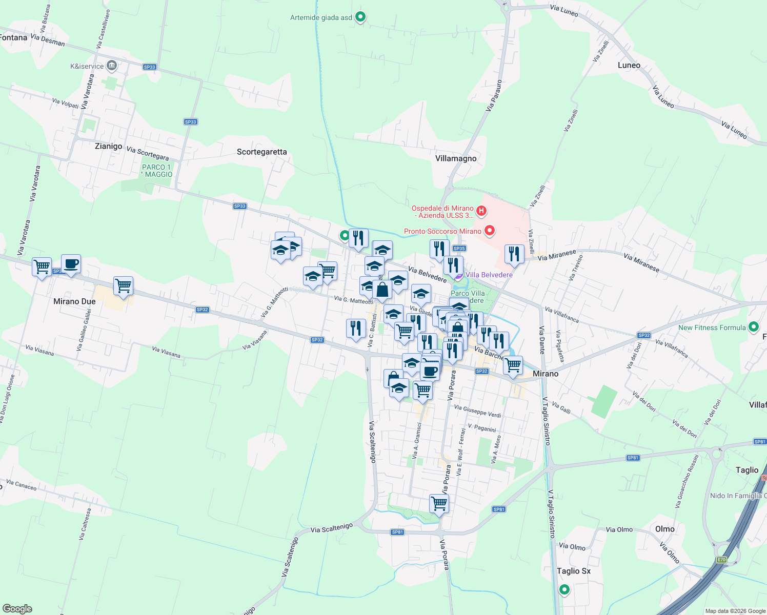 map of restaurants, bars, coffee shops, grocery stores, and more near 93 Via Cesare Battisti in Mirano