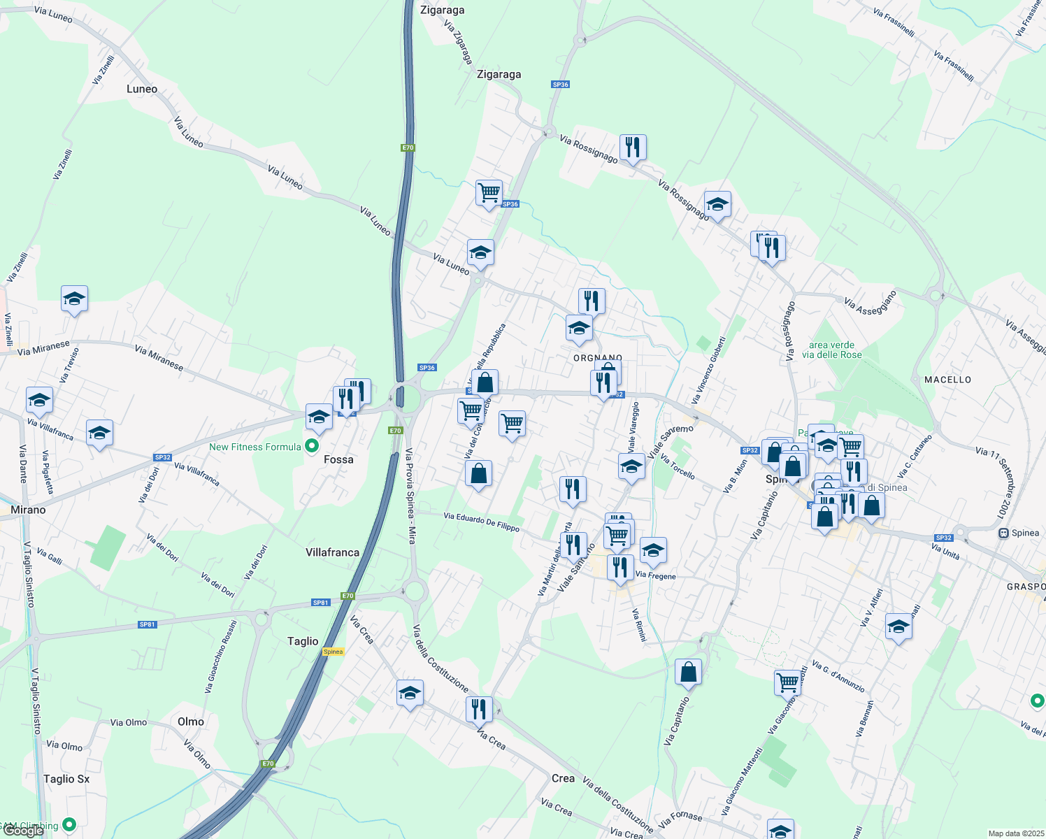 map of restaurants, bars, coffee shops, grocery stores, and more near 21 Via delle Industrie in Mestre, Venezia