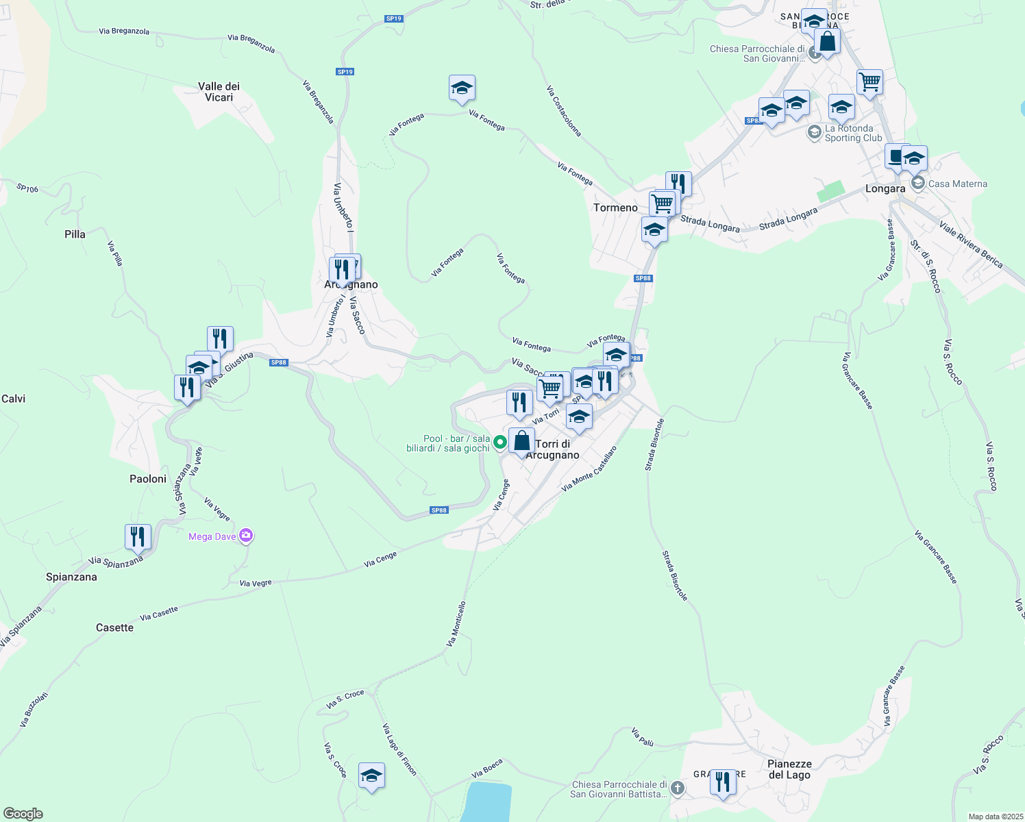 map of restaurants, bars, coffee shops, grocery stores, and more near 24 Via dell'Artigianato in Torri di Arcugnano