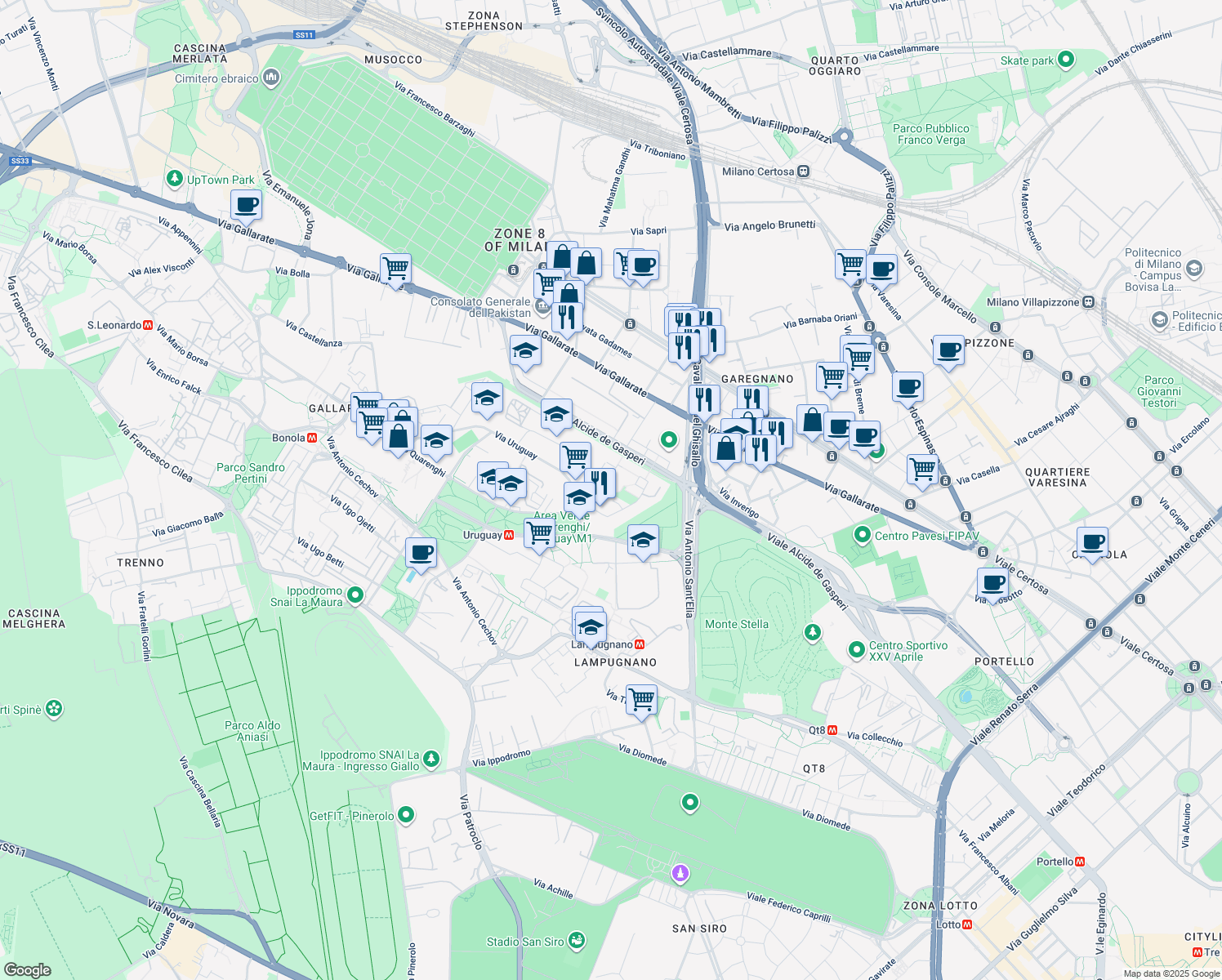 map of restaurants, bars, coffee shops, grocery stores, and more near 5 Via delle Ande in Milano