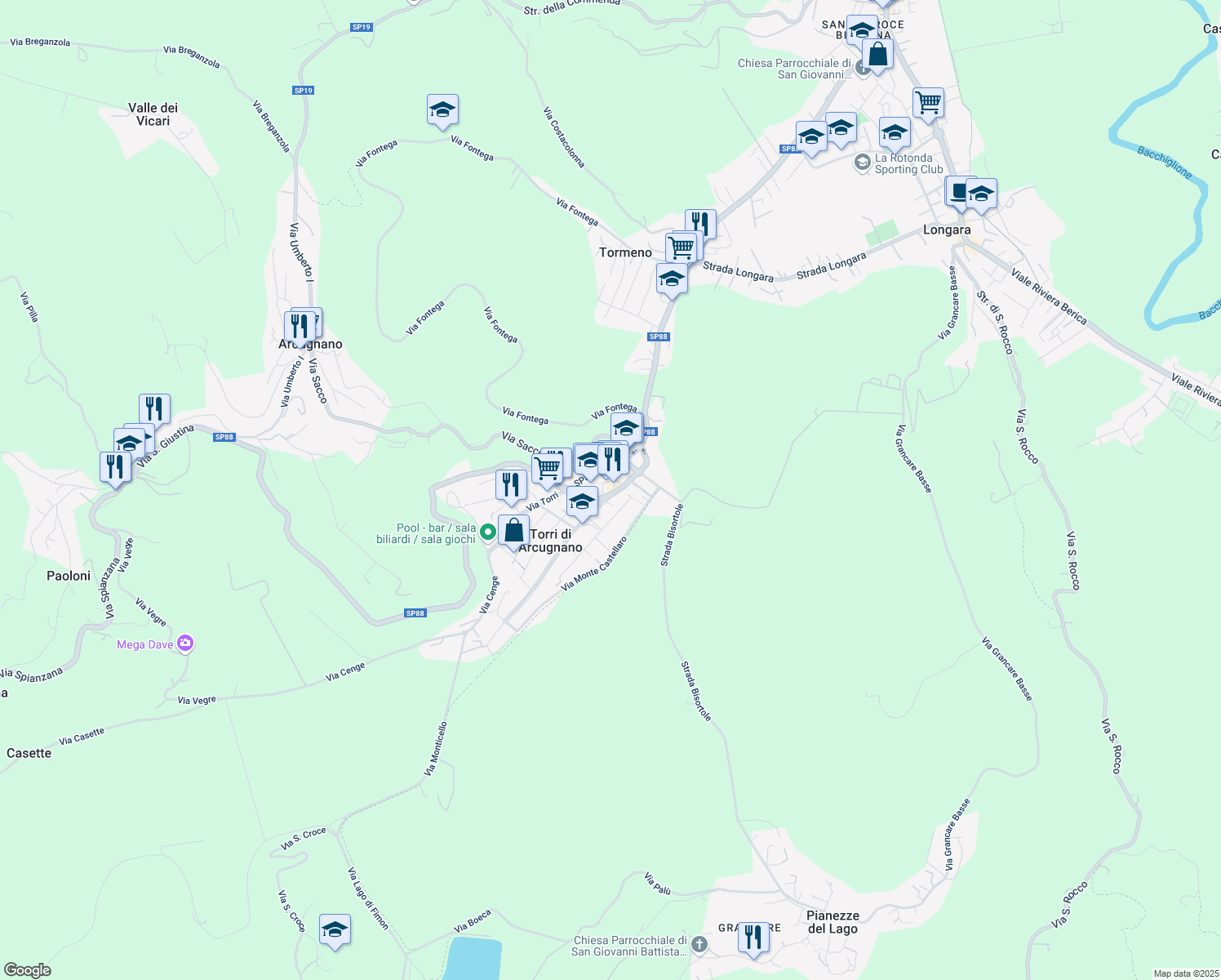 map of restaurants, bars, coffee shops, grocery stores, and more near 22 Via Monte Lungo in Torri di Arcugnano