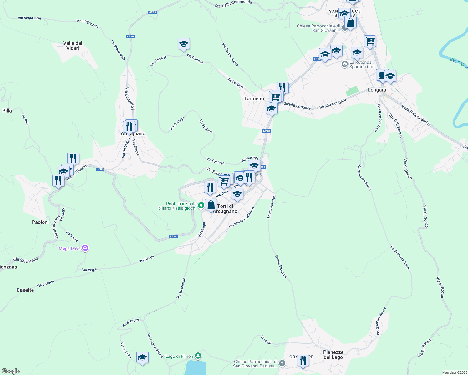 map of restaurants, bars, coffee shops, grocery stores, and more near 22 Via Monte Lungo in Torri di Arcugnano