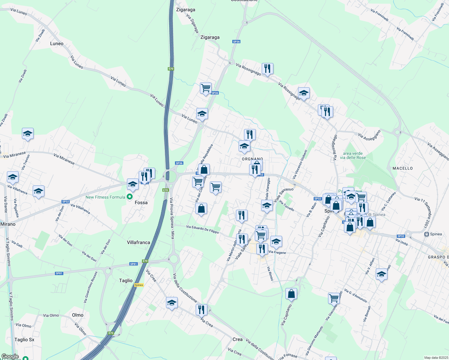 map of restaurants, bars, coffee shops, grocery stores, and more near 21 Via delle Industrie in Venice