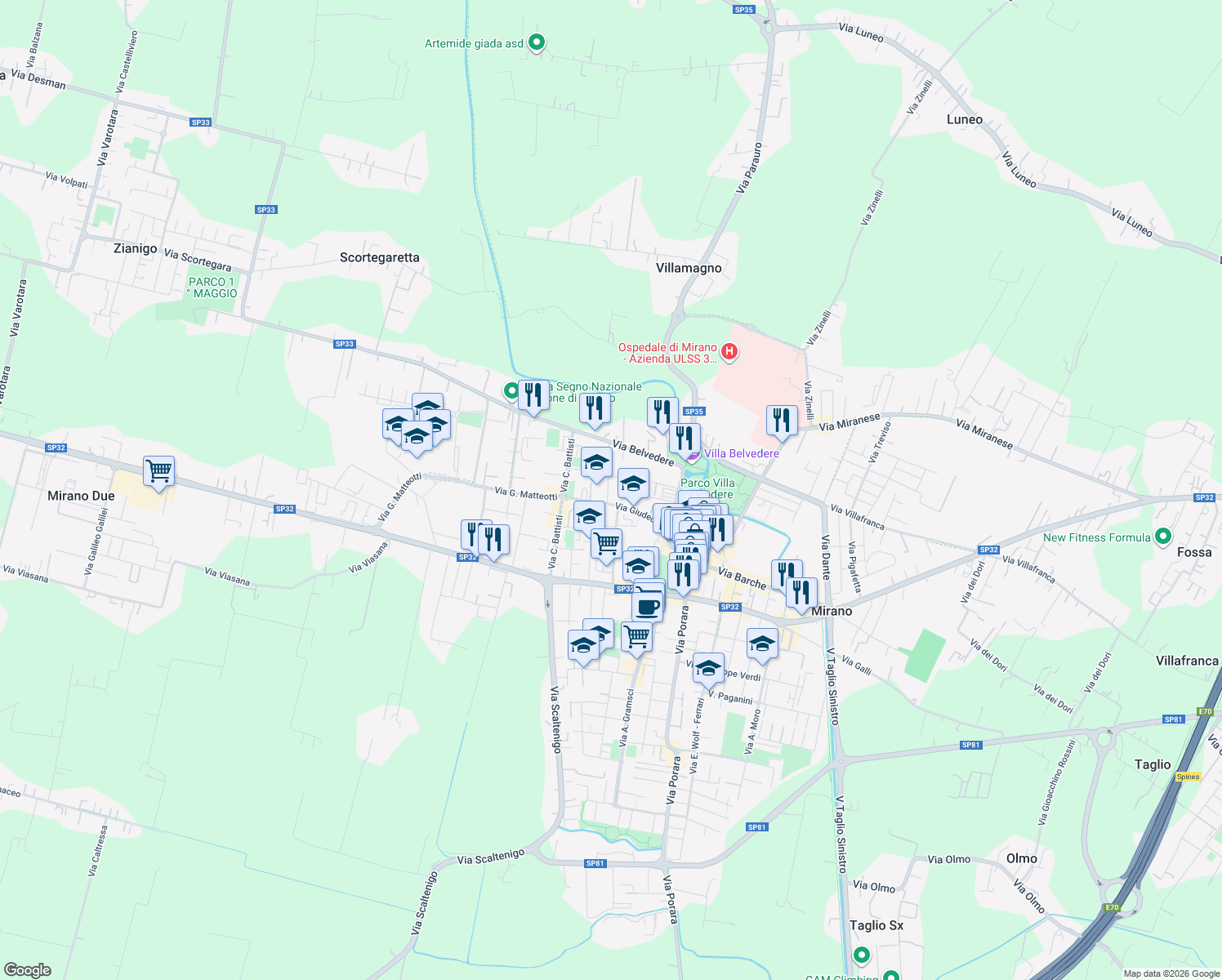 map of restaurants, bars, coffee shops, grocery stores, and more near 2 Via F. Filzi in Mirano