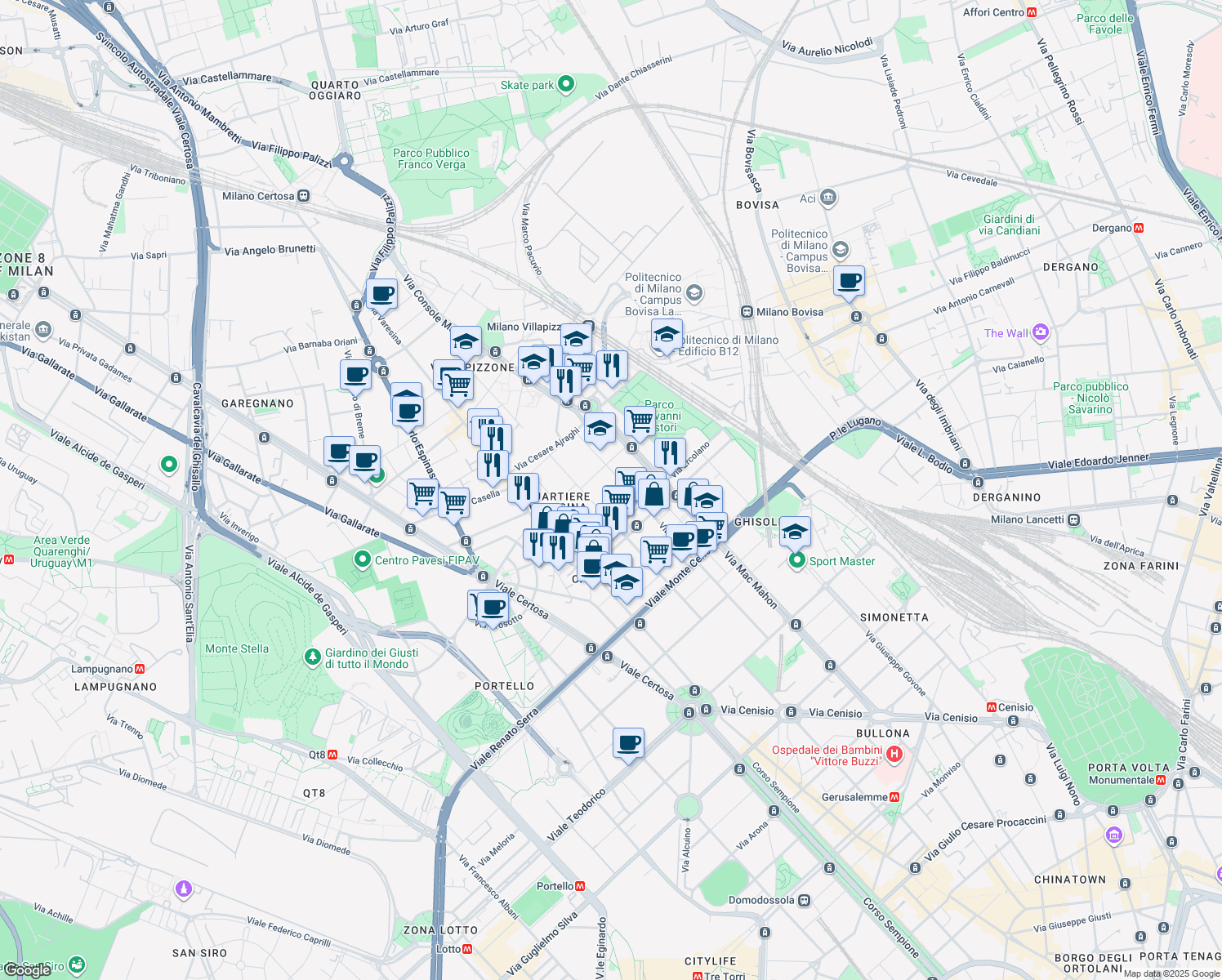 map of restaurants, bars, coffee shops, grocery stores, and more near Via Bramantino in Milan