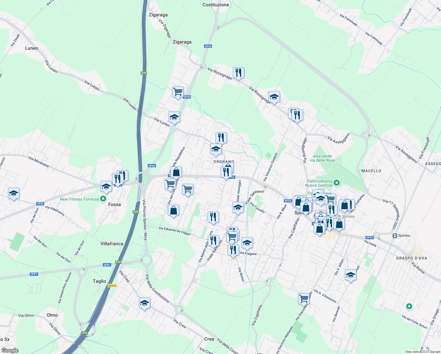 map of restaurants, bars, coffee shops, grocery stores, and more near 252B Via Roma in Spinea