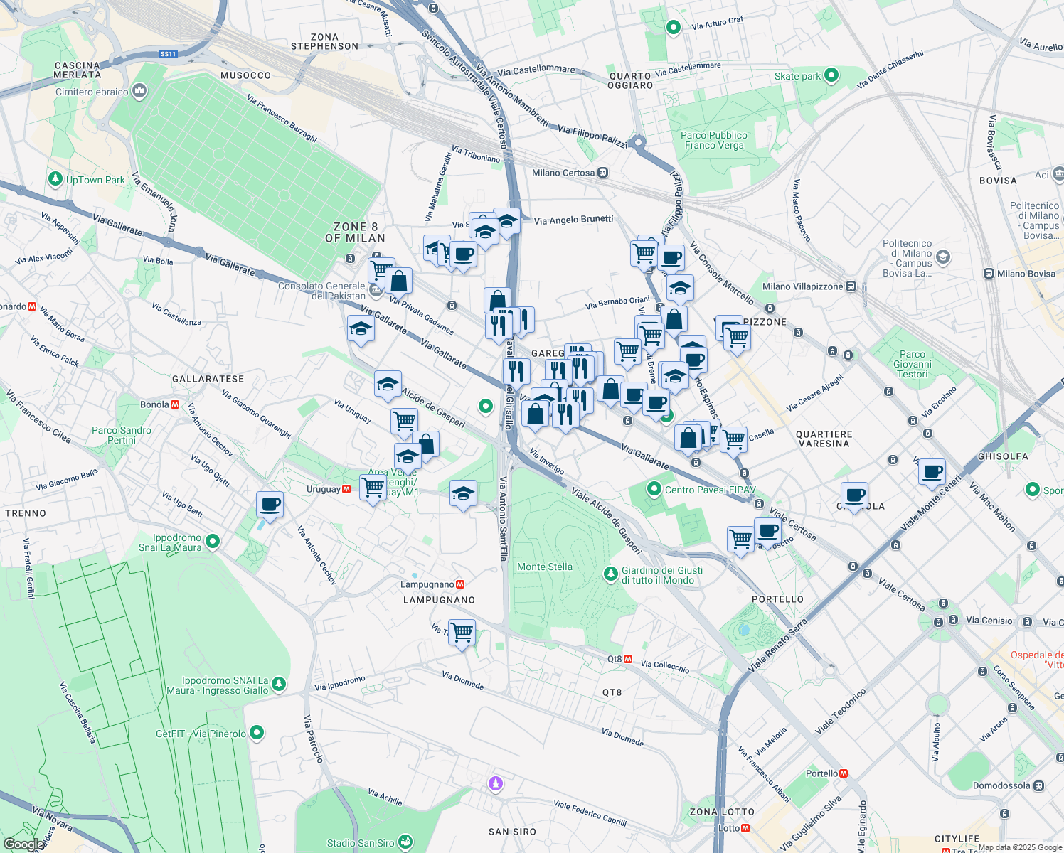map of restaurants, bars, coffee shops, grocery stores, and more near 1-3 Via Magreglio in Milan