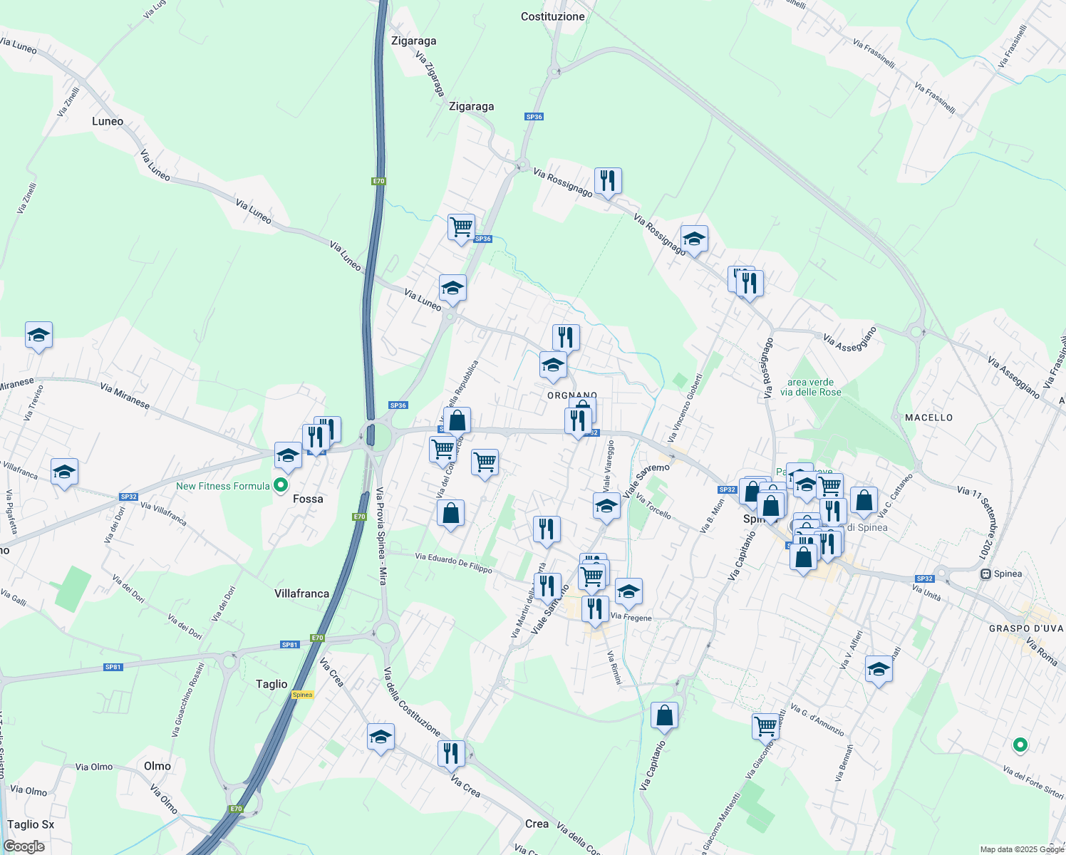 map of restaurants, bars, coffee shops, grocery stores, and more near 256 Via Roma in Spinea