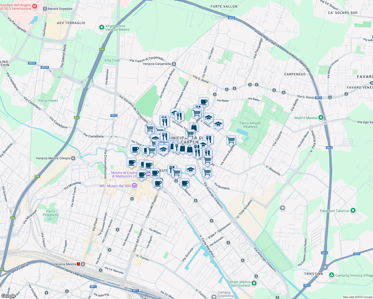 map of restaurants, bars, coffee shops, grocery stores, and more near 1A Via Amerigo Vespucci in Venezia