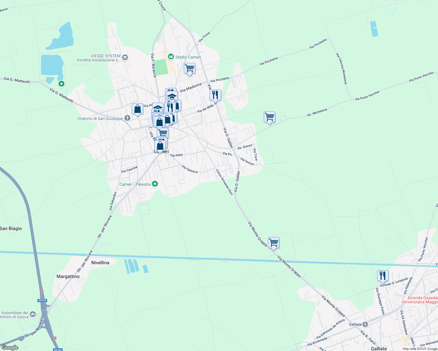 map of restaurants, bars, coffee shops, grocery stores, and more near 60 Corso Armando Diaz in Cameri