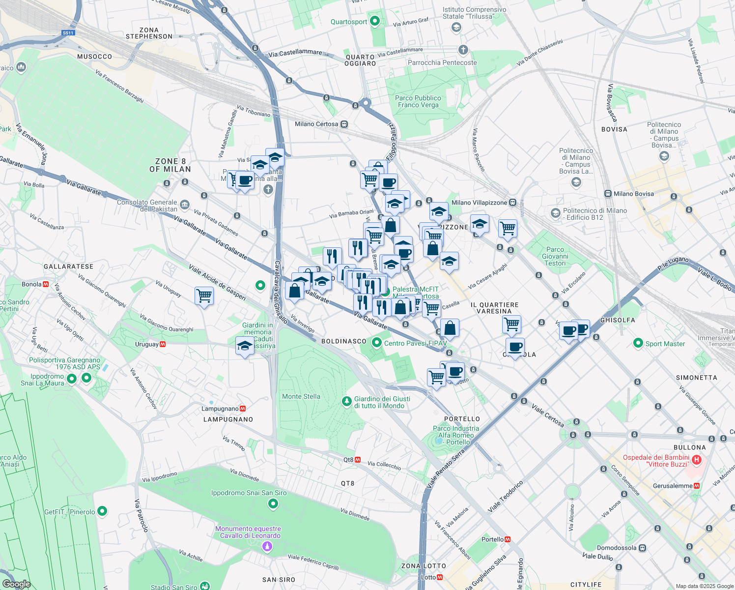map of restaurants, bars, coffee shops, grocery stores, and more near 144 Viale Certosa in Milano