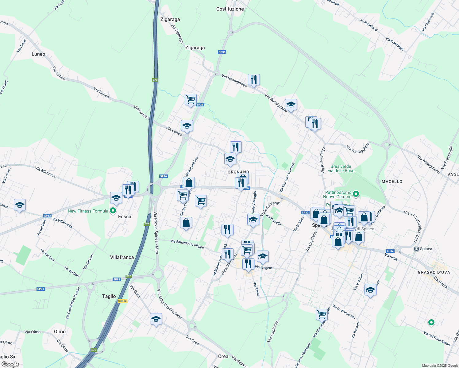 map of restaurants, bars, coffee shops, grocery stores, and more near 252B Via Roma in Spinea