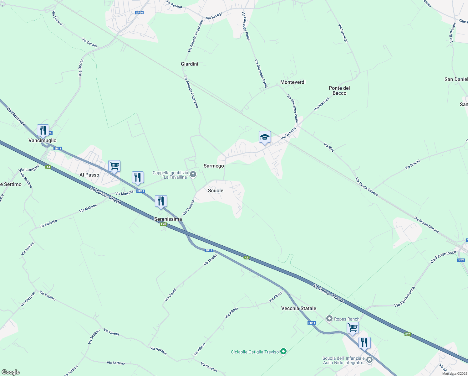 map of restaurants, bars, coffee shops, grocery stores, and more near 7 Via Villapovera in Scuole