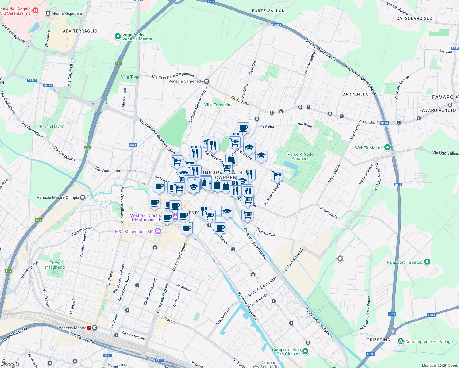 map of restaurants, bars, coffee shops, grocery stores, and more near 1A Via Amerigo Vespucci in Venezia