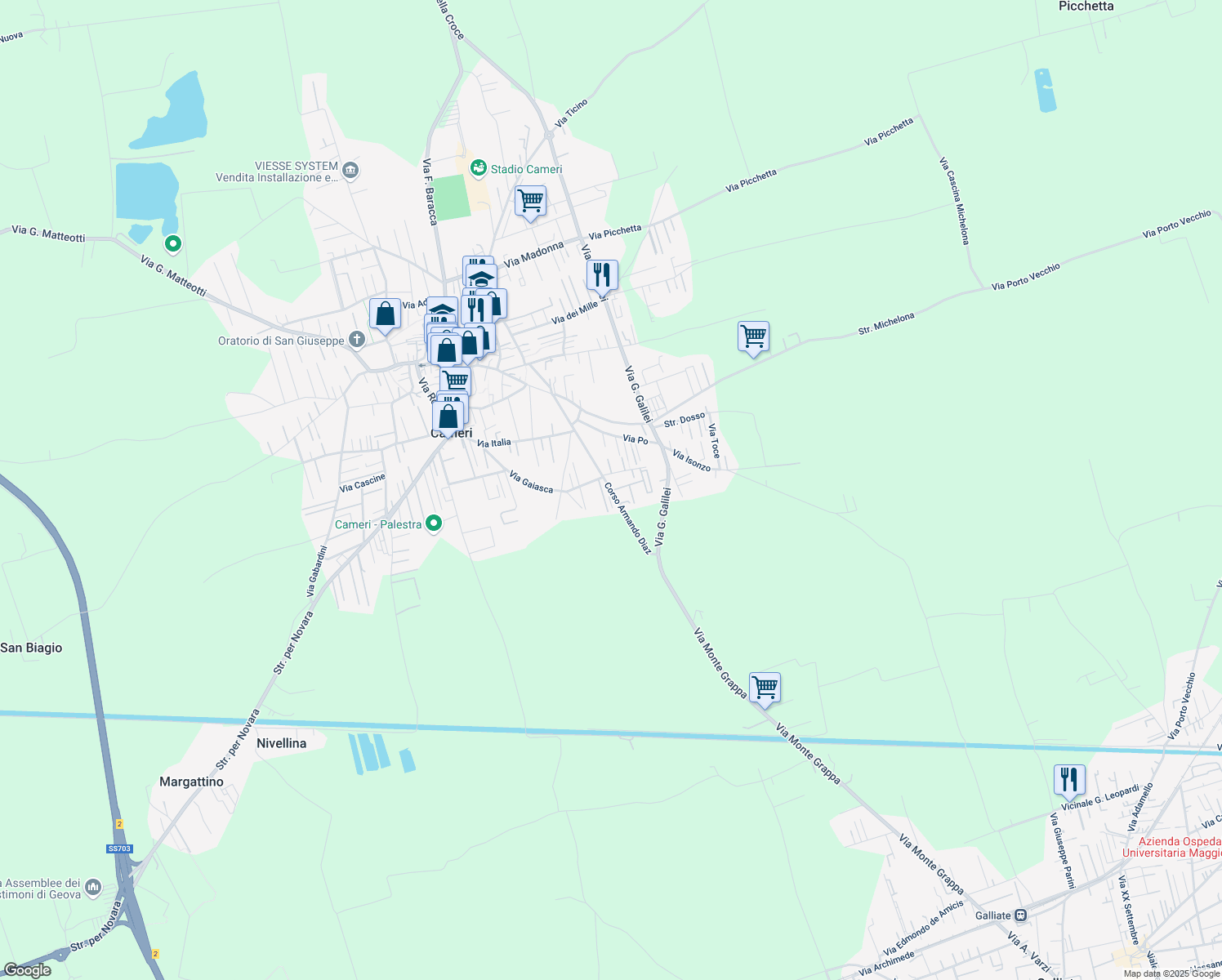 map of restaurants, bars, coffee shops, grocery stores, and more near 60 Corso Armando Diaz in Cameri