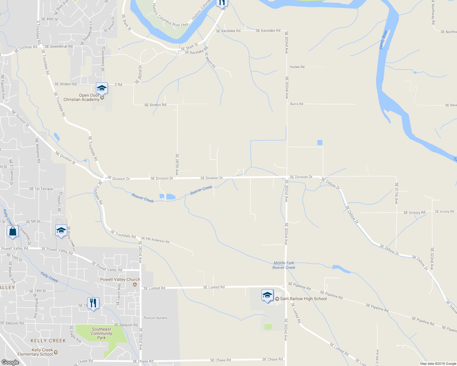 map of restaurants, bars, coffee shops, grocery stores, and more near 29412 Southeast Division Drive in Troutdale