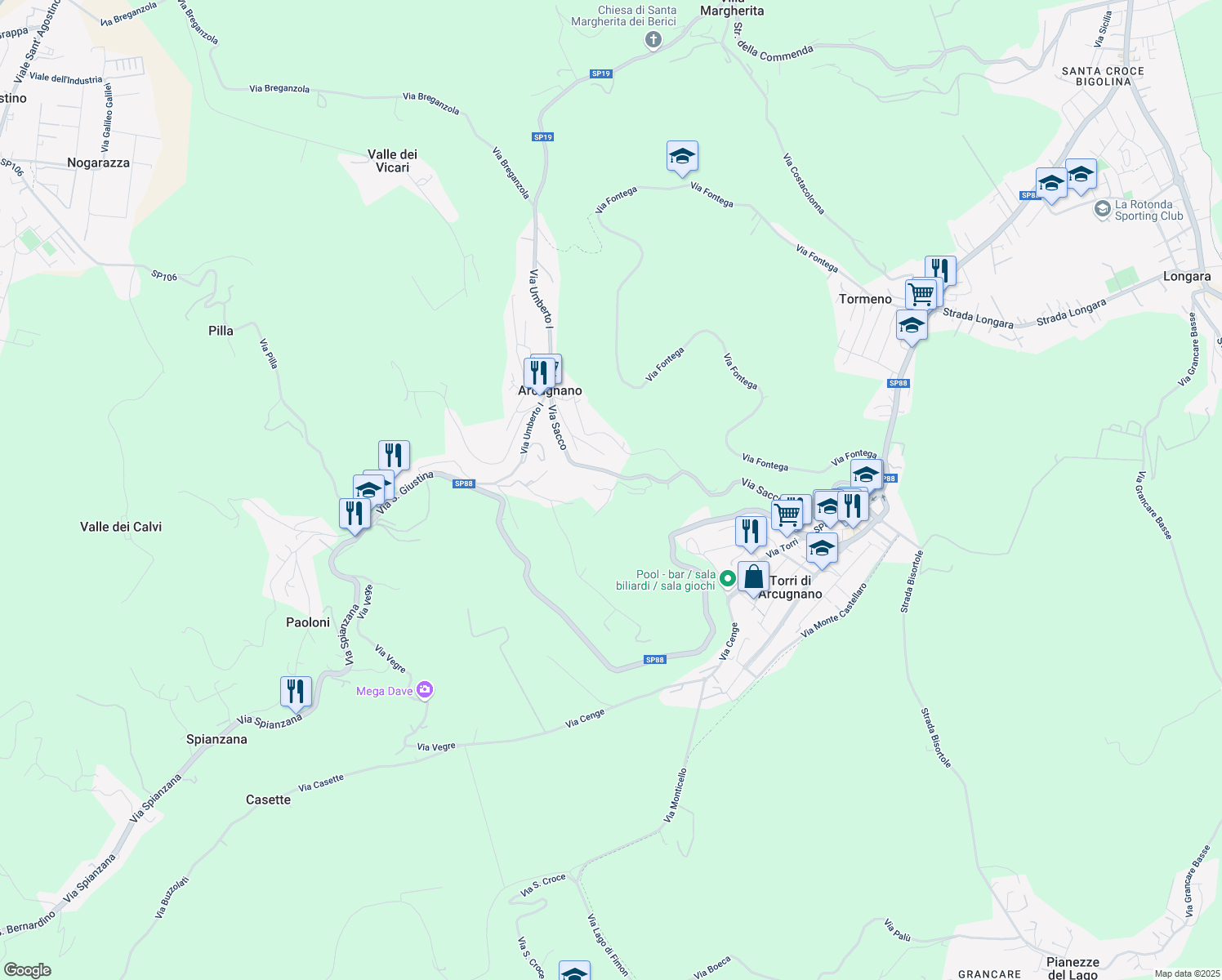 map of restaurants, bars, coffee shops, grocery stores, and more near 35 Via Sacco in Arcugnano