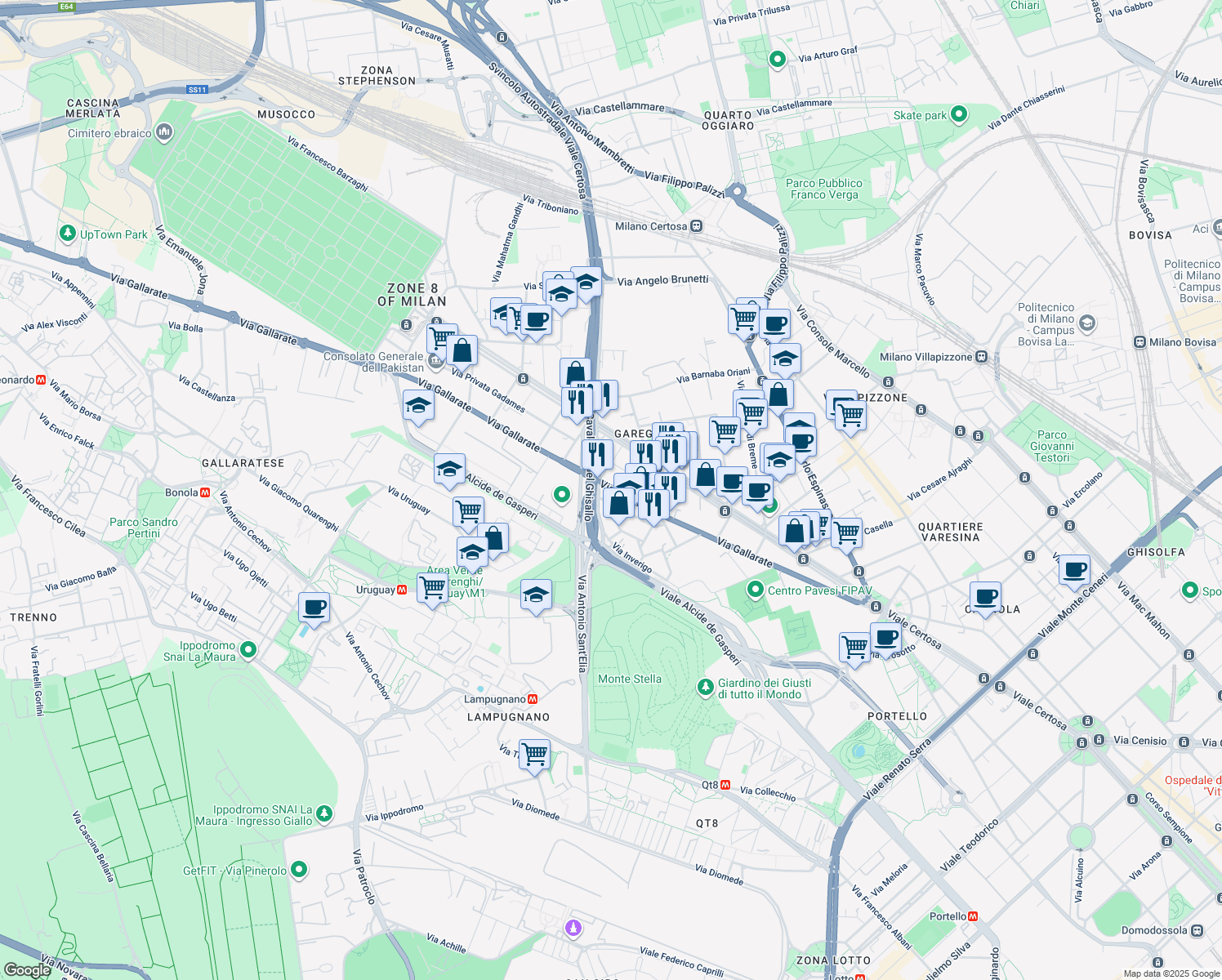 map of restaurants, bars, coffee shops, grocery stores, and more near 3 Via Magreglio in Milano